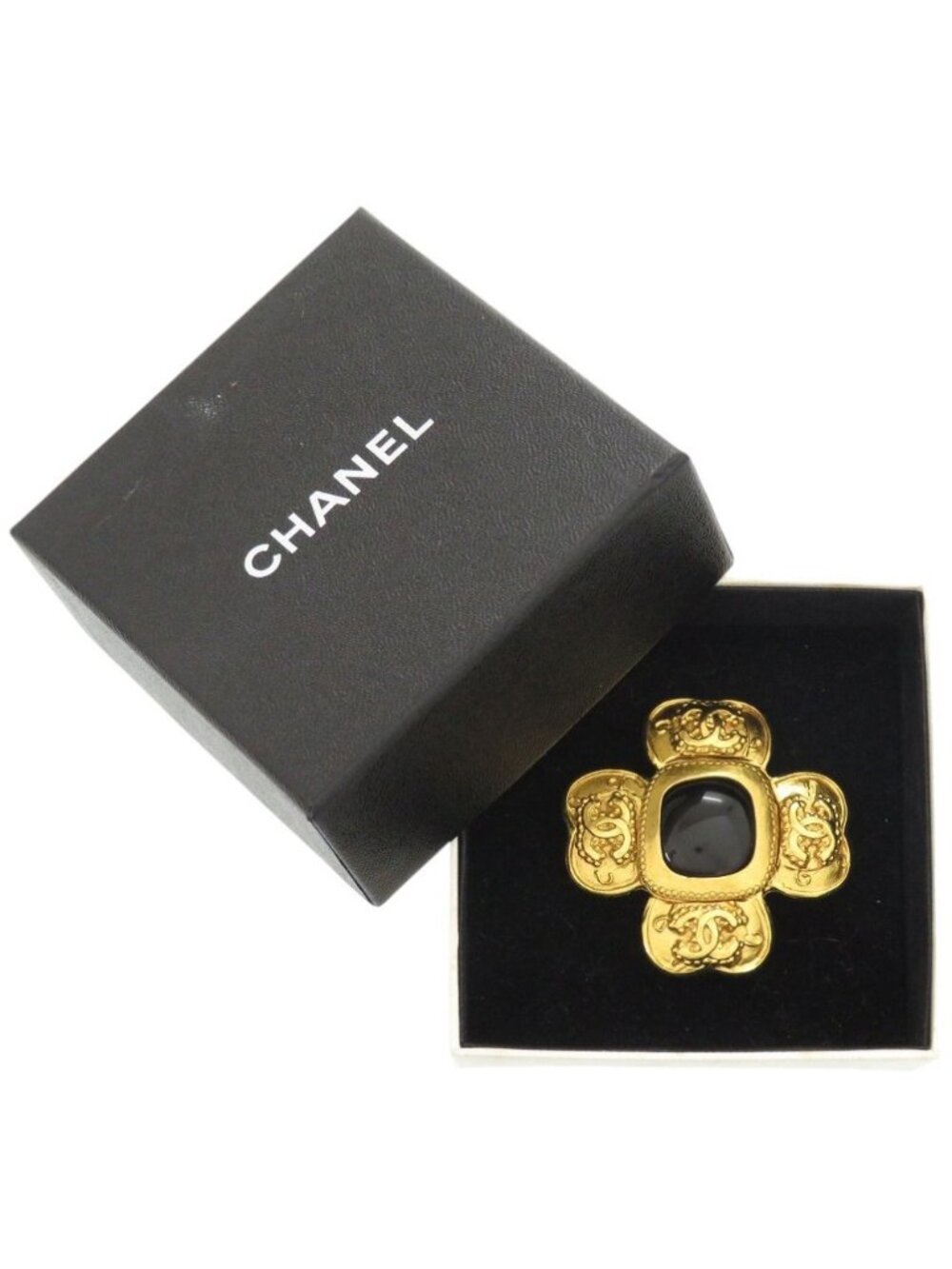 Chanel CC Logo Vintage Clover Stone Metal Gold Brooch - Picture 2 of 5